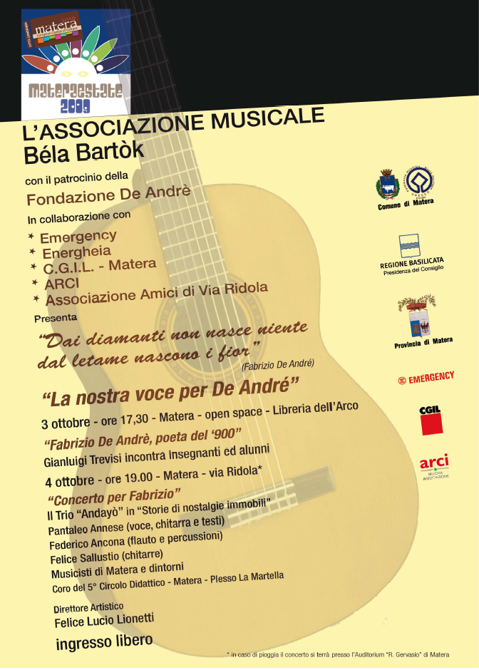 La locandina per le due giornate dedicate alla musica di Fabrizio De Andrè