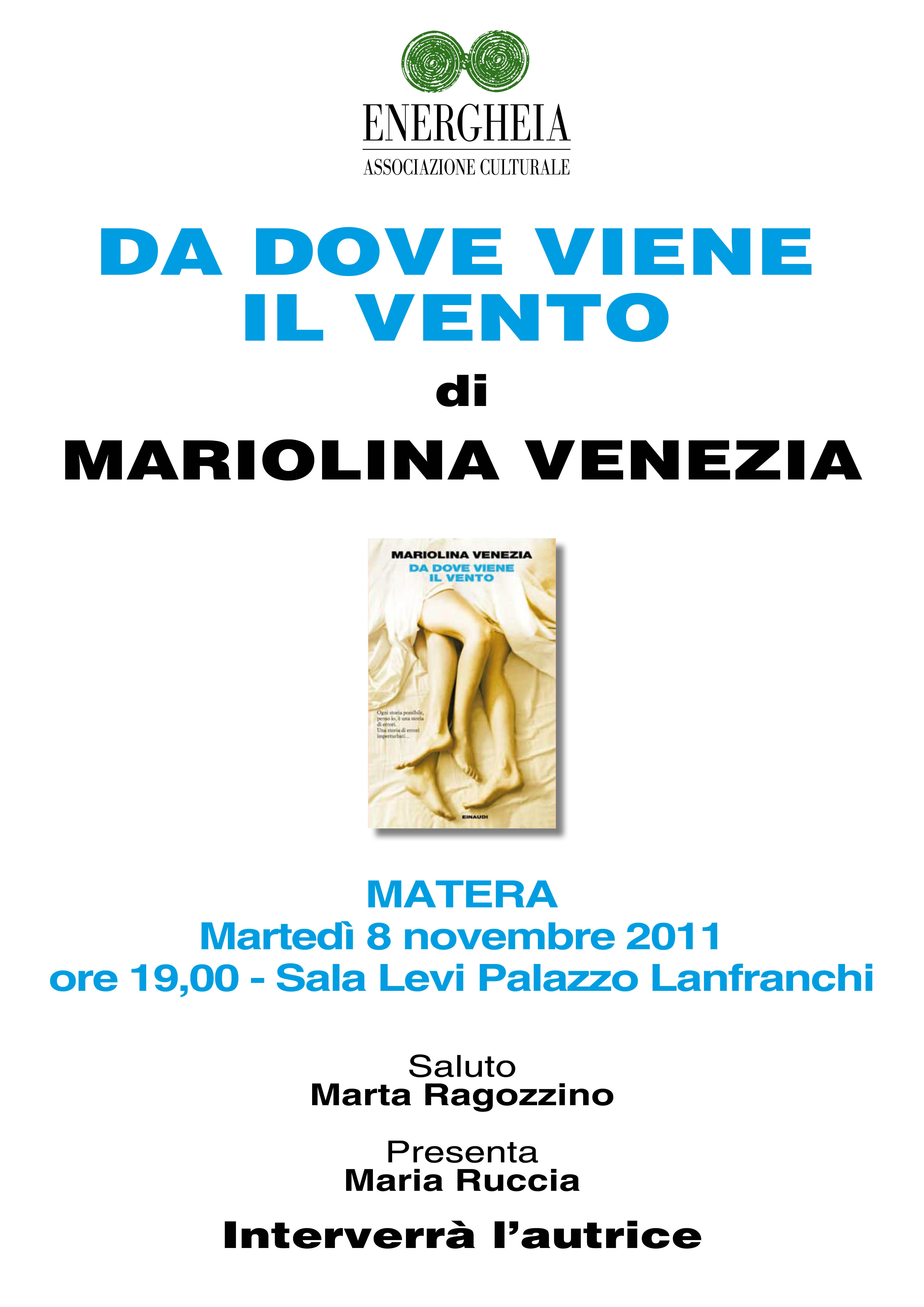 L’invito dell’incontro con la scrittrice Mariolina Venezia