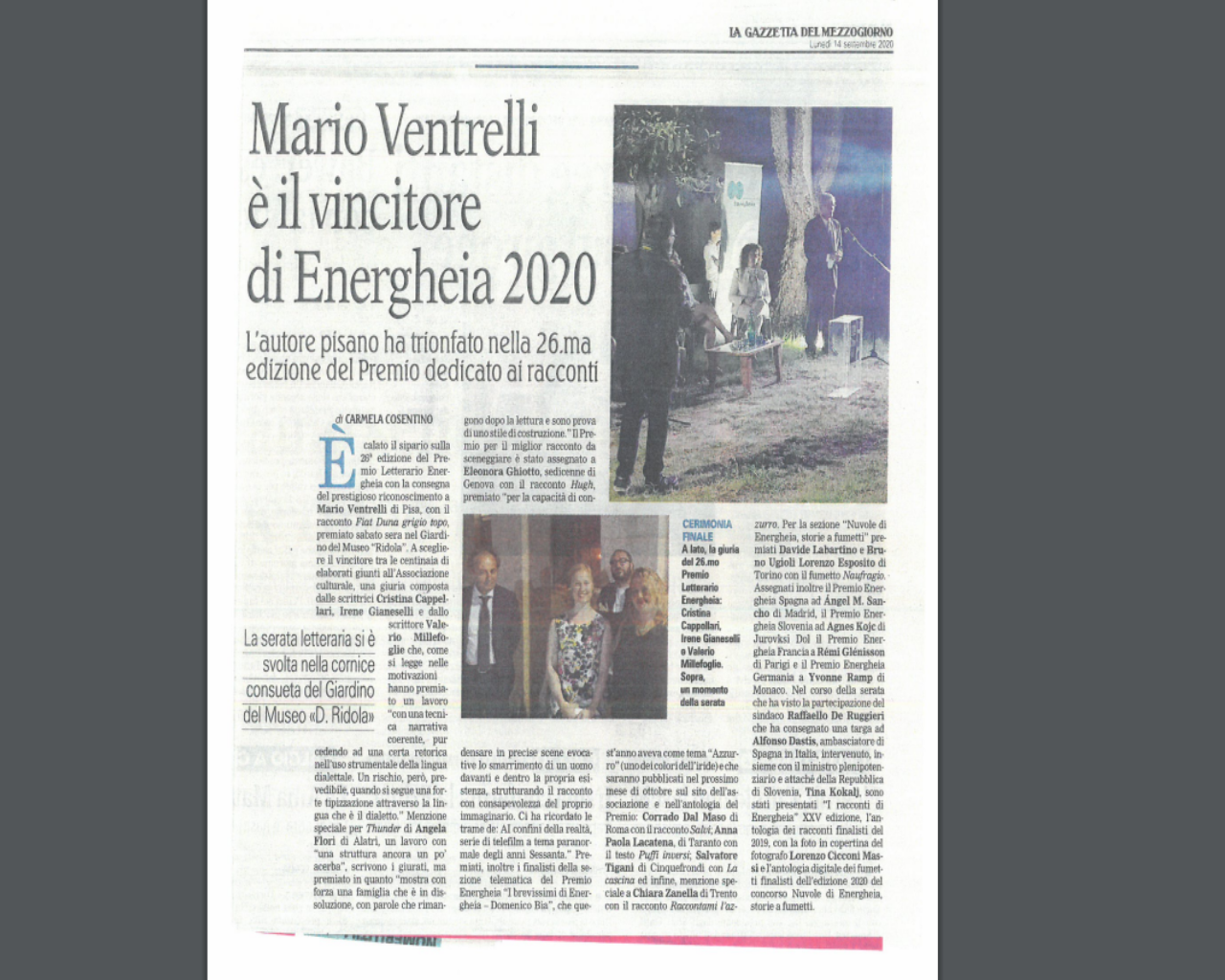 Mario Ventrelli è il vincitore di Energheia 2020