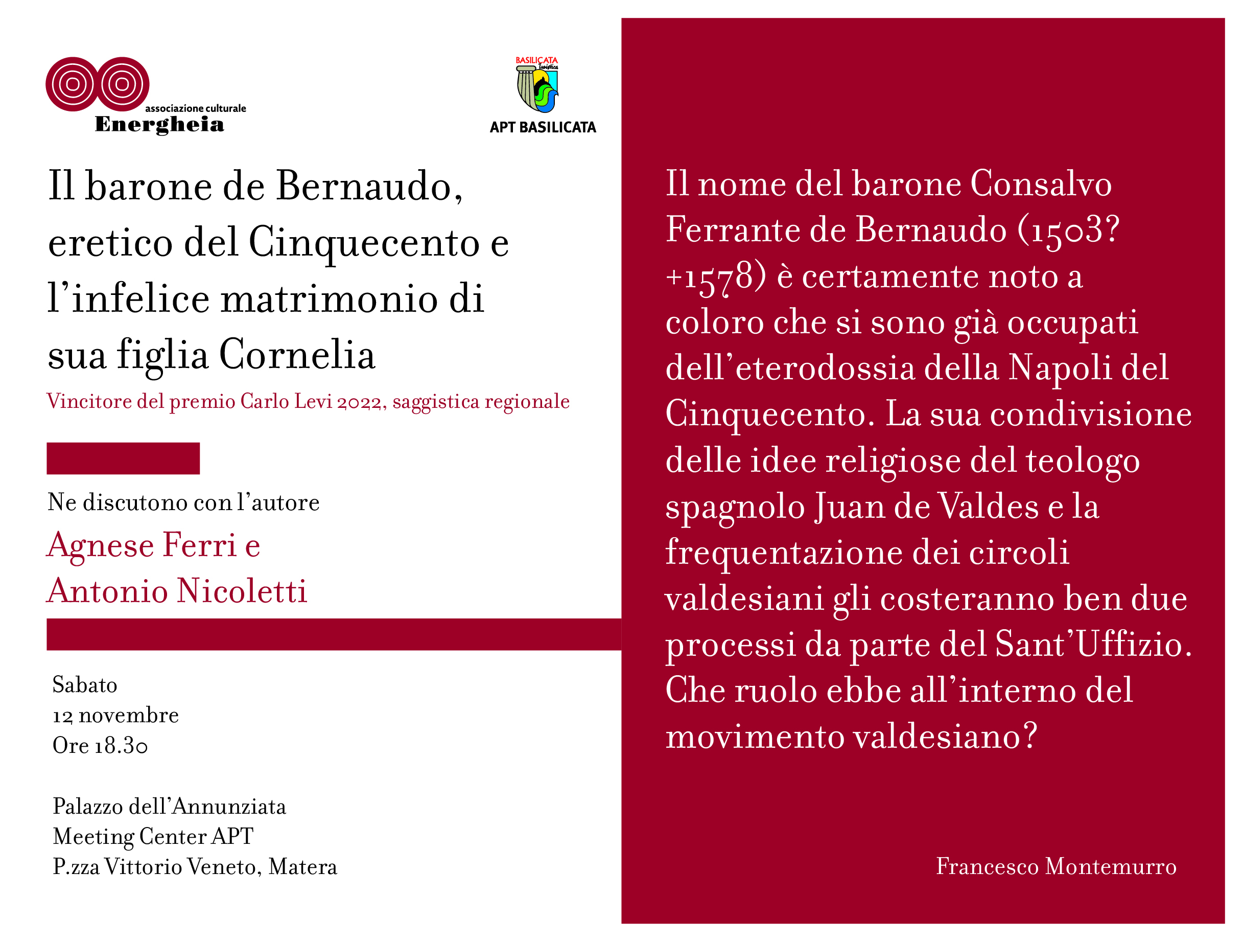 Francesco Montemurro, vincitore del Premio letterario Carlo Levi (sezione saggistica regionale), il 12 novembre incontra i lettori a Matera presso il Meeting Center di Palazzo dell’Annunziata